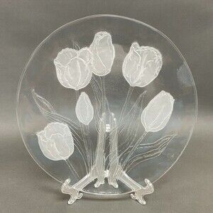 Clear Frost Glass Cake Plate Serving Tray Tulips Floral 12 3/4" across